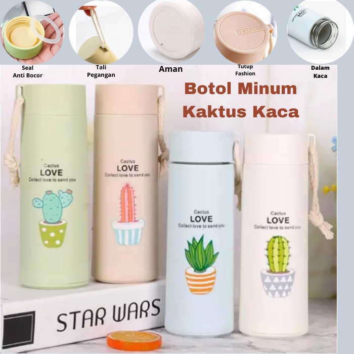 Souvenir Botol Minum Kaca Unik Motif Kaktus  - Botol Minum viral Tumbler Anak