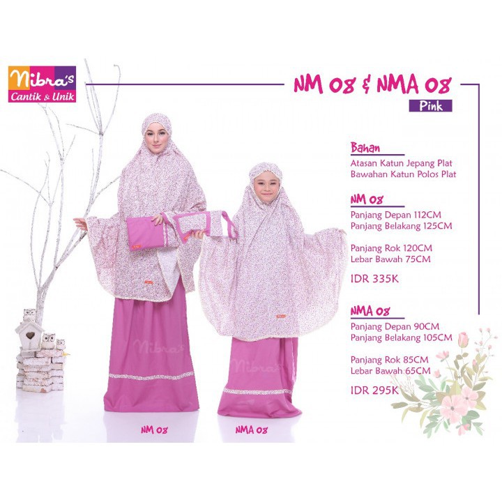 Mukena Couple Nibras NM 08 Pink/Mkn Ibu Anak NBRS NMA 08 Katun Jepang Motif Bunga Polos Katun Jepang