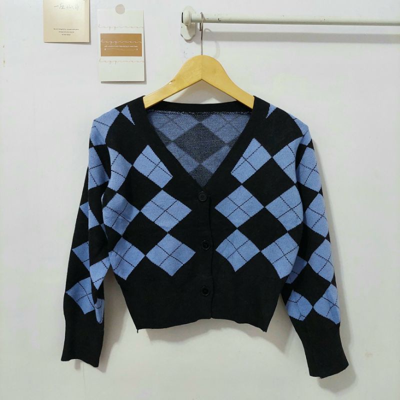 【BISA COD】Argyle V-Neck Longsleeve Knit Cardigan Korean Style Outer kardigan cewek ketupat lengan panjang rajut import-Hitam-Biru