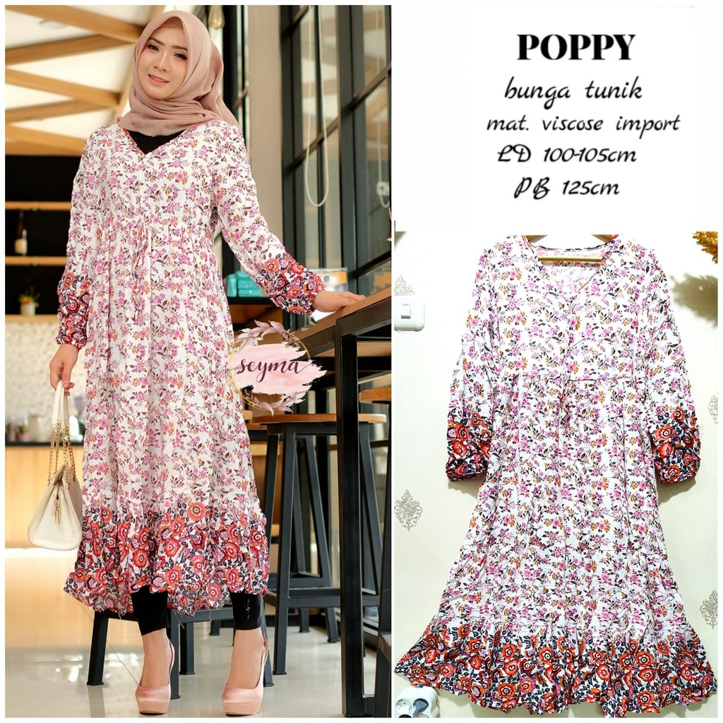Poppy Bunga baju atasan long tunik viscose motif shabby pattern tunic top