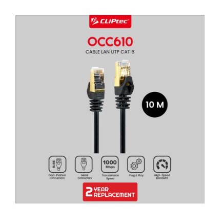 Cable lan cliptec 10 meter cat 6 sstp shield metal gold gigabit occ610 occ-610 - Kabel internet rj45 10m cat6 1000Mbps