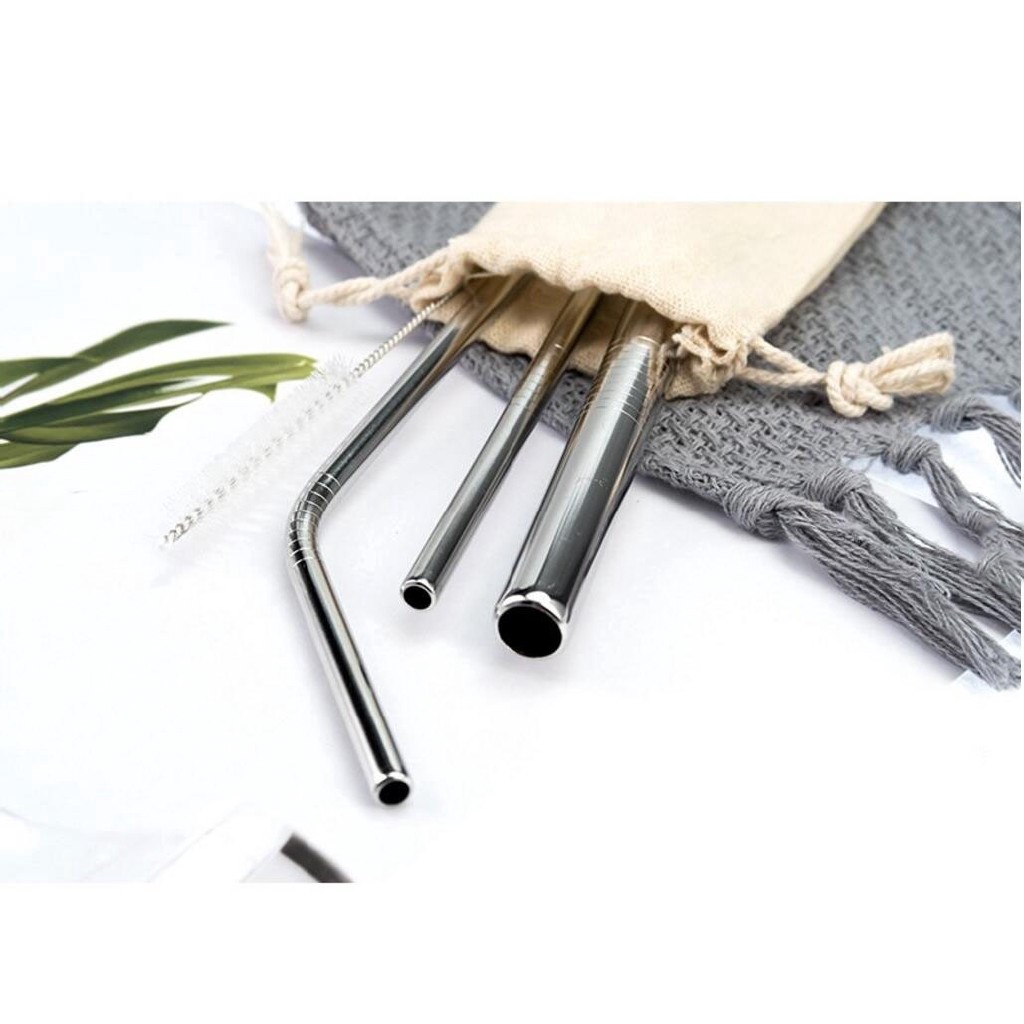 5pcs Set Drinking Straws Stainless Steel Stirring Brush Bag Reusable