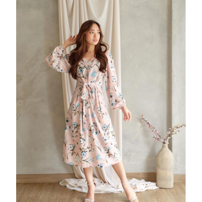 Dress Panjang Bunga Bunga Korean Style - Hye Kyo Maxi Dress Long Sleeve Flower Pattern