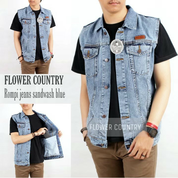 TURUN HARGA ! Rompi Jeans Pria Sandwash Lekmong - Jaket Rompi Kerah Denim Distro Original Flower Country