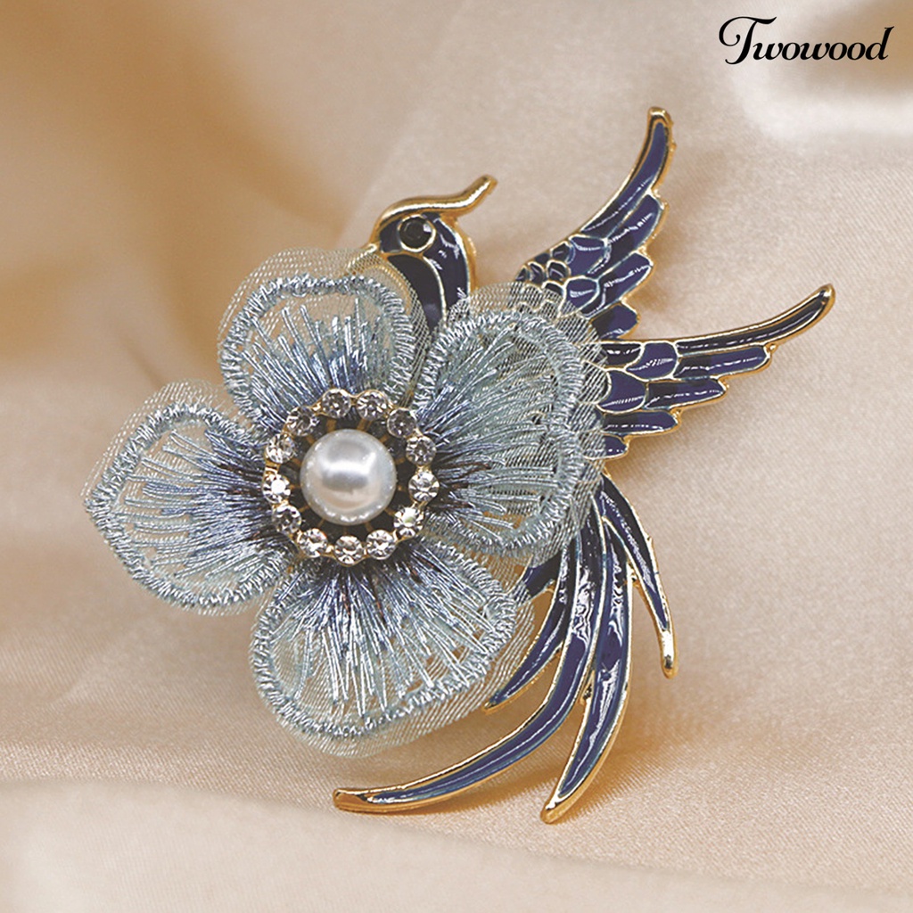 Twowood Embroidery Flower Lapel Pin Enamel Bird Alloy Faux Pearl Rhinestone Brooch Pin Costume Accessories