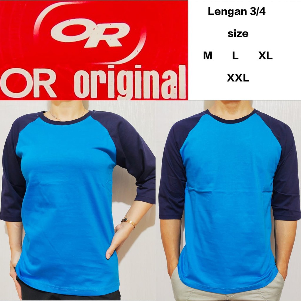 Kaos polos reglan biru turkis lengan biru navy 3/4 M L XL XXL