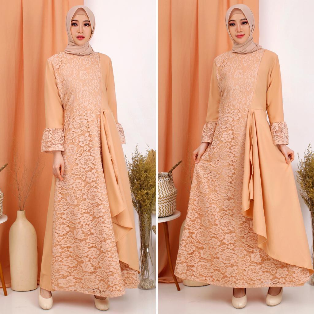 (JAMIN REALPICT) GAMIS ZOLANA BRUKAT TIMBUL CORD LAPIS MOSCREPE MAXI DRESS MUSLIM LEBARAN KONDANGAN