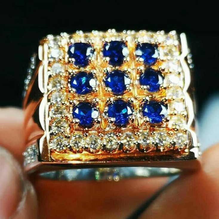 Blue Sapphire 9Pc Set Cincin Stample Kombinasi Emas