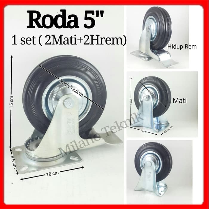 Roda Troli 5&quot; inch 1 set ( 2M+2Hrem ) Roda Karet Etalase troly