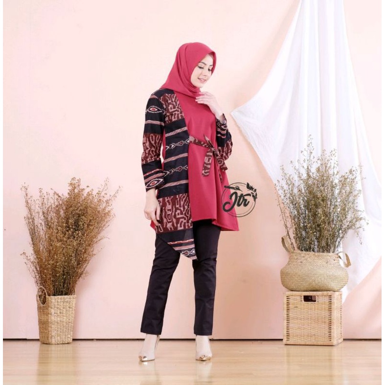 tey-17 Batik Wanita ASJ SA HRB026 Kenogo Kemeja Tosca Pendek tunik batik-Aurelia marun