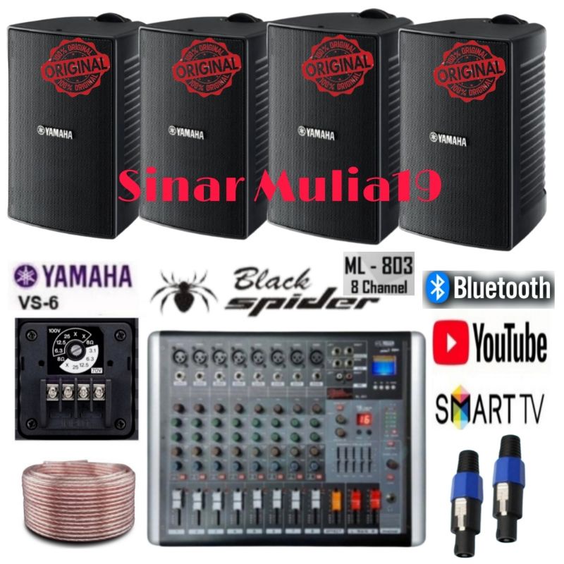 Paket Sound System YAMAHA Speaker 6 Unit VS6 ( 6 inch ) Power Mixer Black Spider 8 Channel ML-803 (