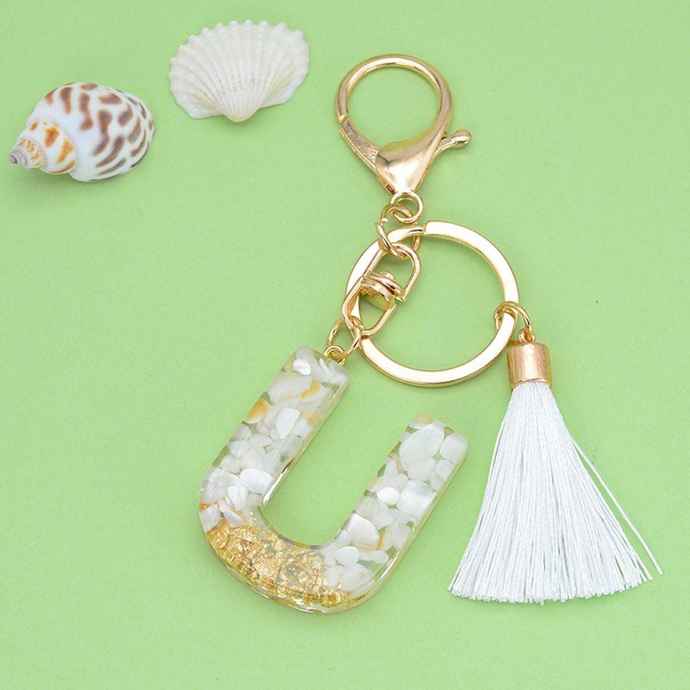 Lanfy 26huruf Gantungan Kunci Lucu Glitter Gradiasi Ornamen Perhiasan Putih Rumbai Liontin Kristal Alfabet Key Chain