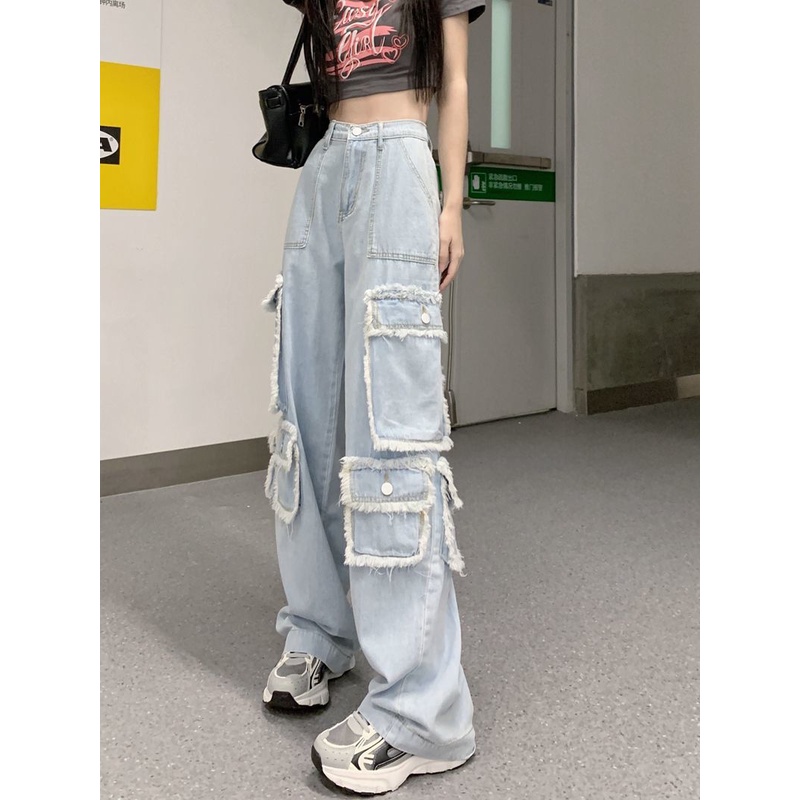 Hip-Hop High Street Raw Edge Jeans Wanita Musim Gugur Manis dan Keren Hot Girl Celana Sembilan Titik Pinggang Tinggi Tipis Longgar Lebar Kaki Overall