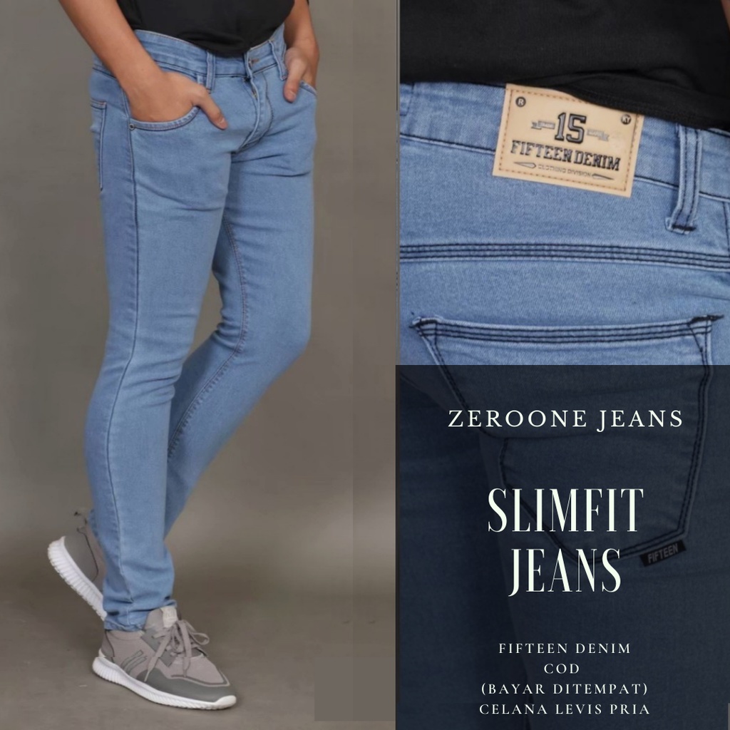 FIFTEEN DENIM - Celana Jeans Pria Slim Fit Streetch Original Biru Muda