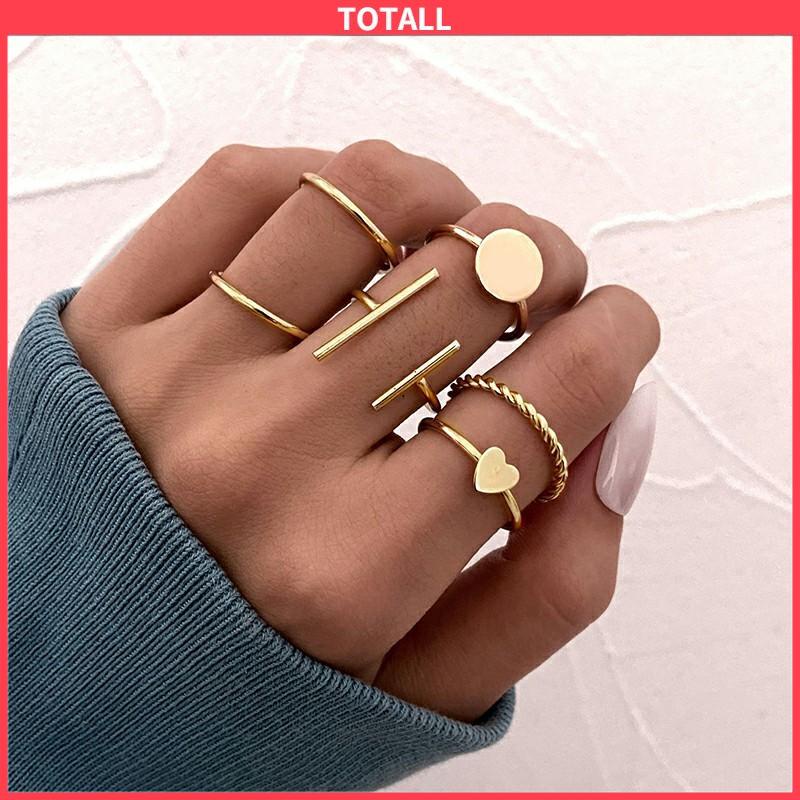 COD 6 pcs Retro Cincin Cinta Kreatif Gaya Keren Paduan Geometris Bersama Cincin Set-Totall