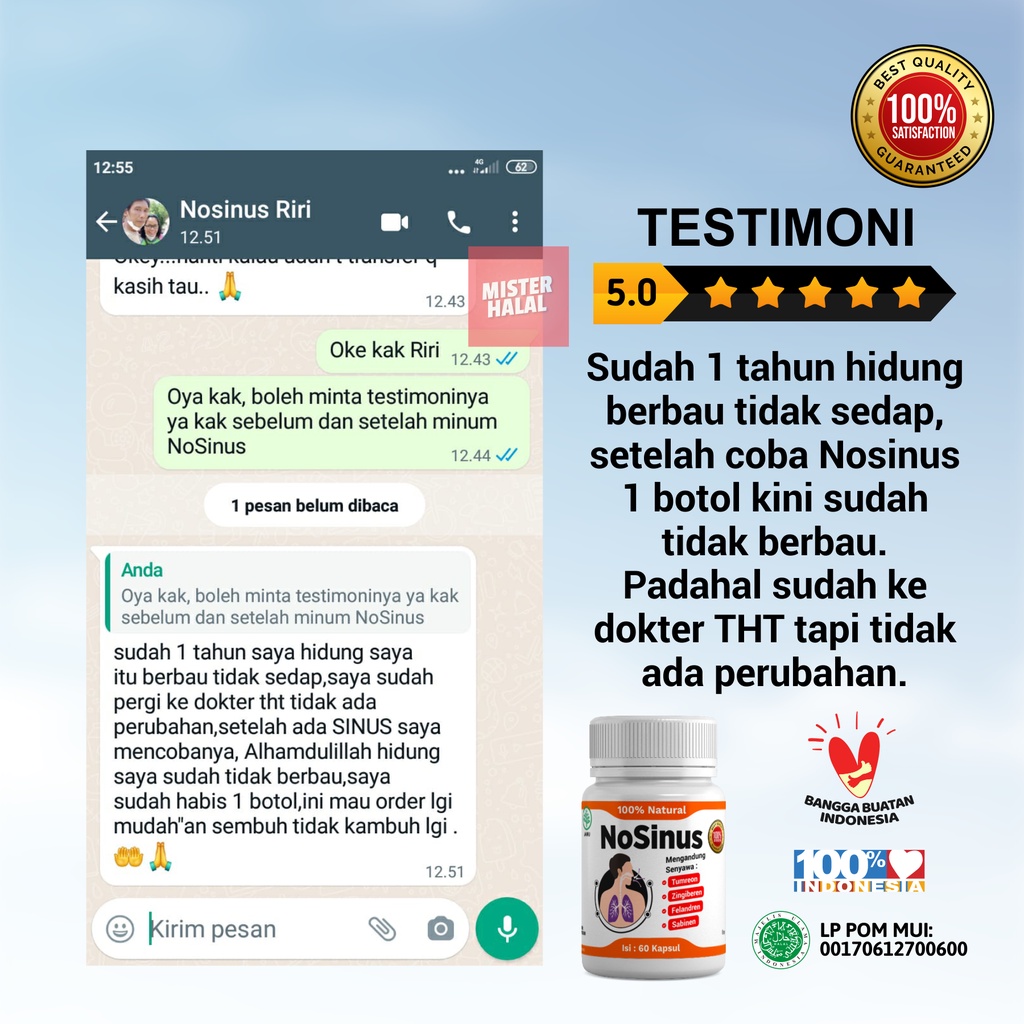 NOSINUS Obat Penyakit Sinusitis 100% Alami, Solusi Sinus, Nyeri Dada, Gangguan Pernapasan, Sakit Tenggorokan, Kapsul Herbal Gurah - Atasi Batuk Berdahak, Tidur Mendengkur / Ngorok