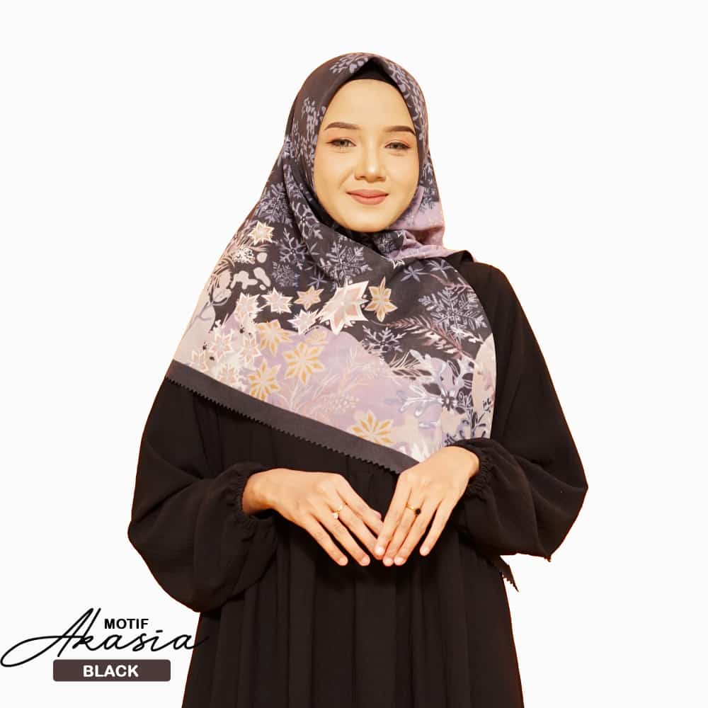 PROMO HIJAB SEGI EMPAT DENAY KW MOTIF AKASIA BLACK / JILBAB DEENAY KW VOAL PREMIUM LASERCUT TERLARIS