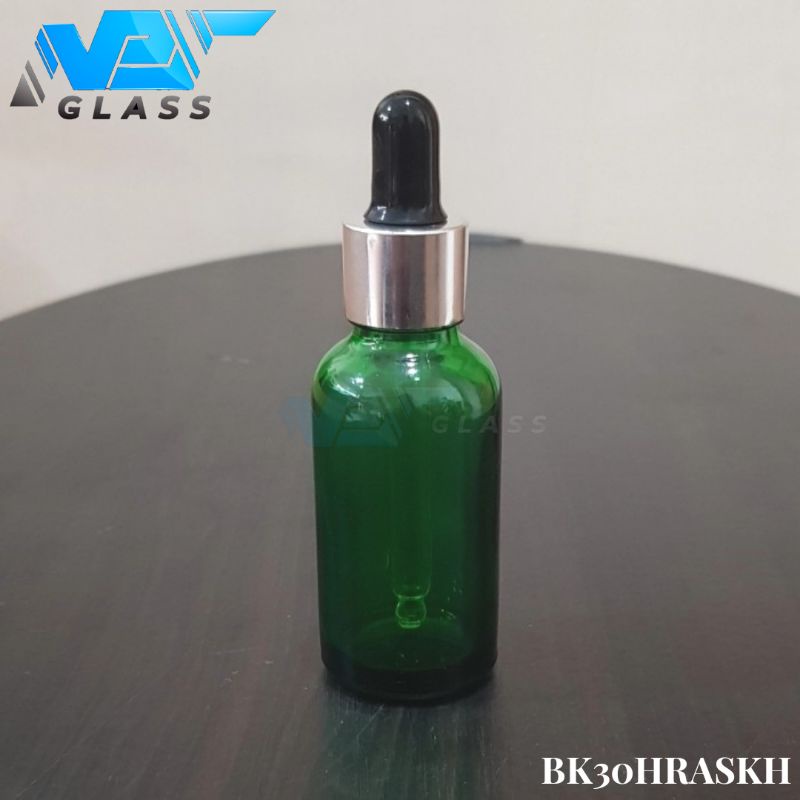 botol kaca pipet 30ml tebal hijau - ring almunium silver