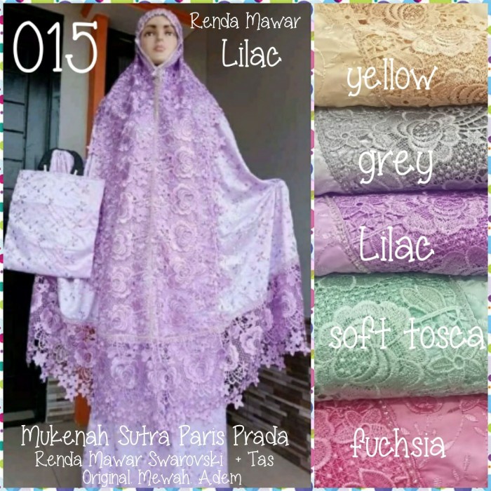 Jual Mukenah Renda Seroja Bordir Swarovski Sutra Paris(Mewah)+Tas Cantik