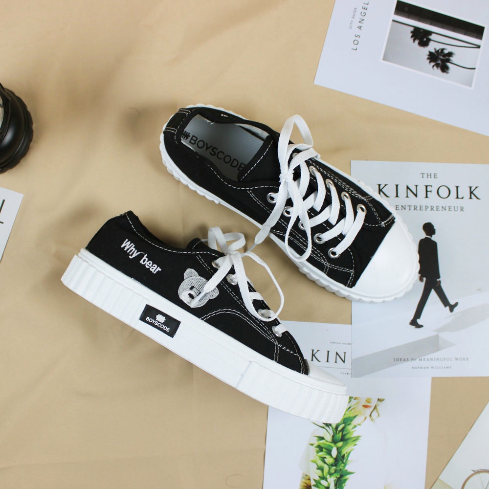 Sepatu Sneakers Korean Style Boyscode Why Bear Pendek Hitam Abu / Sepatu Korea Kanvas Beruang Black Grey