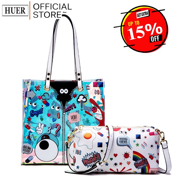 HUER ~ Tas wanita Covewy Eye Theme Printed Hologram Tote Bag 9454-163White