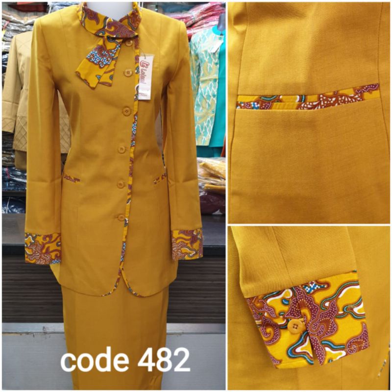 Jas Wanita Blazer Kerja Wanita Kuning Kunyit Motif Batik Stelan Rok Span Blezer Kantor Setelan Celan