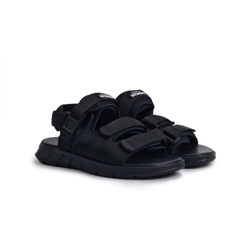 BIMA BLACK ORIGINAL x MONDAY Sandal Casual Full Hitam Pria Sendal Gunung Kasual Jalan Santai Harian Main Hangout Lebaran Fashion Distro Remaja Traveling Outdoor Premium Travelling Footwear Tali 3 Strap Big Size Jumbo Ukuran Besar 44 Keren Terbaru Kekinian