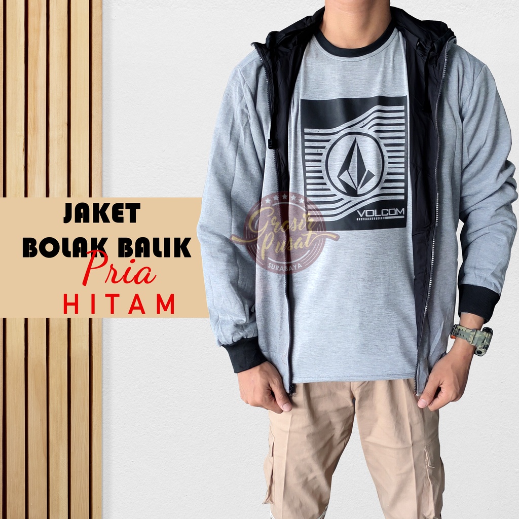 Jaket Bolak - Balik Hitam Parasut Fleece 2 In 1 Hoodie