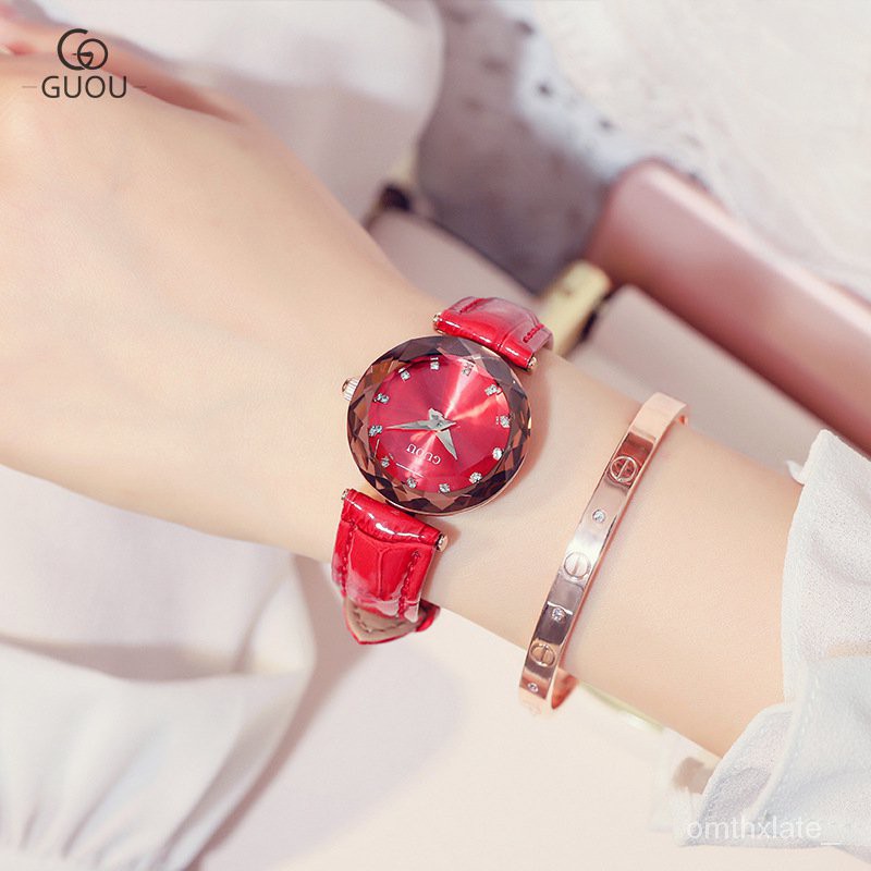 【Factory Outlet】【COD】GUOU Asli Anggun dan Mungil Rhinestone Quartz Jepang Watch Gerakan Fashion Kulit Asli Wrist Watc