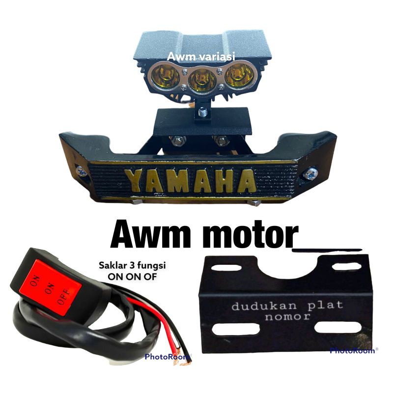 lampu OWL 3 mata RX KING LED + dudukan plat nomor breket besi set kumisan rx king gold/silver