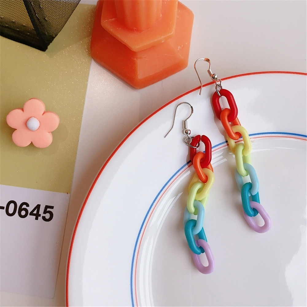 【COD Tangding】Anting Rantai Bahan Plastik Akrilik Warna Pelangi
