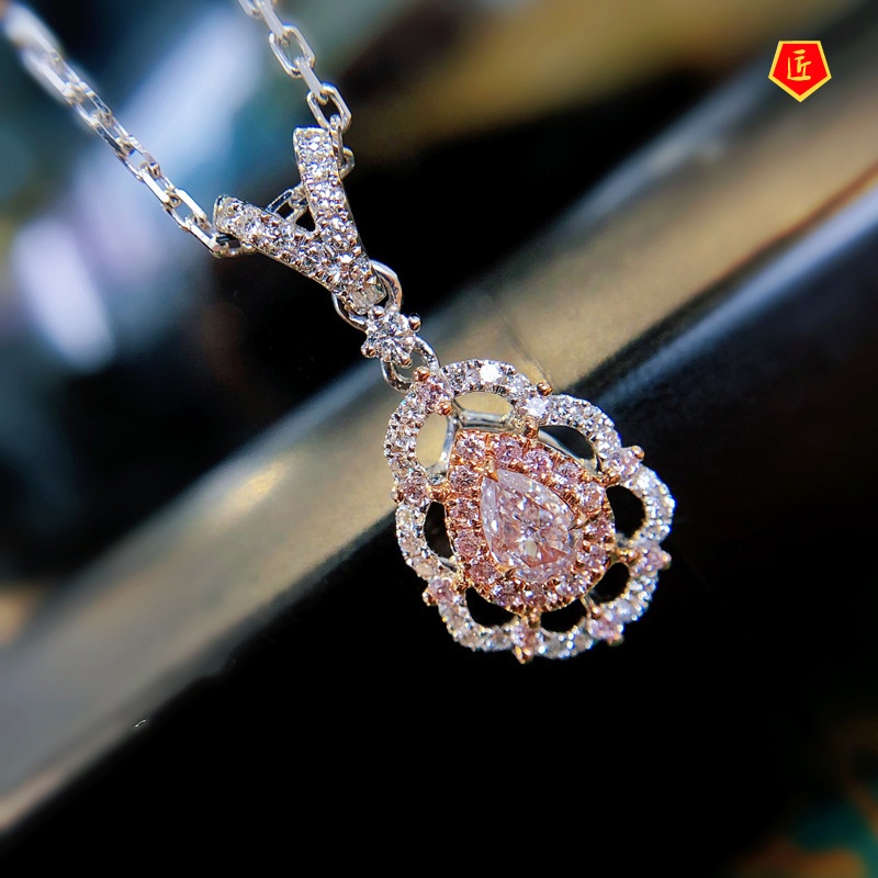 [Ready Stock]INS Water Drop Pear-Shaped Pendant Pink Diamond Necklace