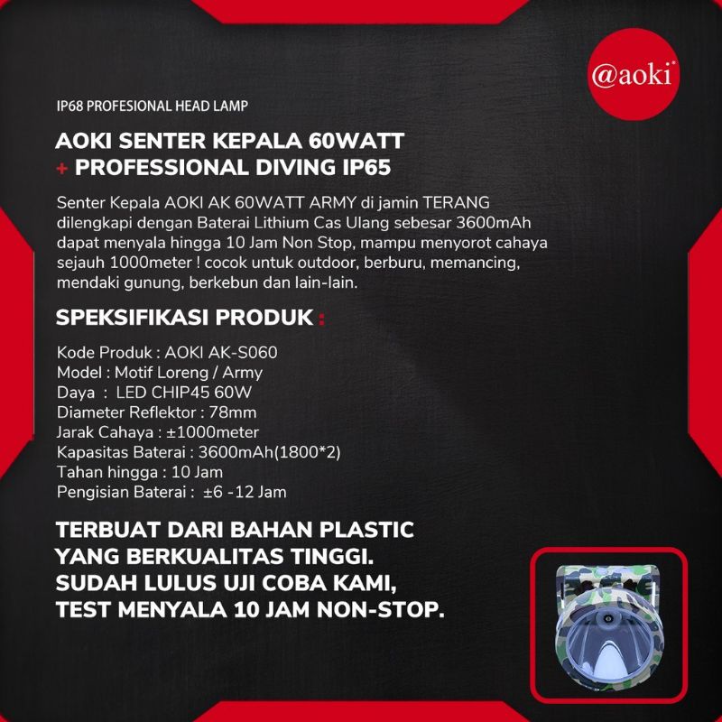 AOKI Senter Kepala 60W 3600mAH / 50w 3000mAH / 40w 2000mAH Waterproof Baterai  Garansi Super Terang Original