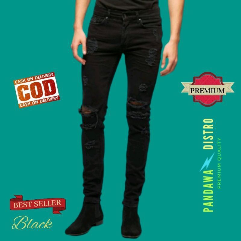 CELANA SOBEK PRIA RIPPED JEANS ROBEK SLIMFIT PENSIL SKINNY HITAM PREMIUM 27-38