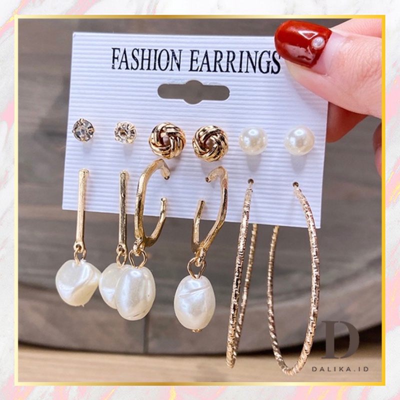 Anting Set Tusuk 6 Pasang Model Waterdrop Mutiara Hoop Dalika