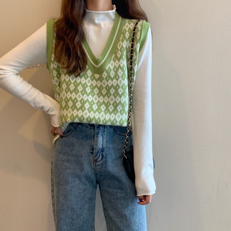 Korea Tanpa lengan longgar v-neck Rompi kisi sweater rajutan rompi