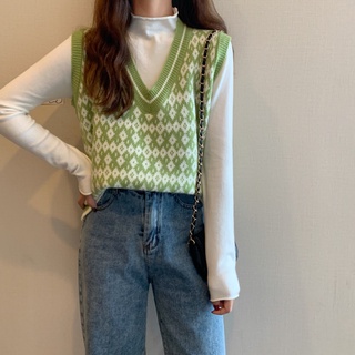 Korea Tanpa lengan longgar v neck Rompi kisi sweater Korea Tanpa lengan longgar v neck Rompi kisi sweater