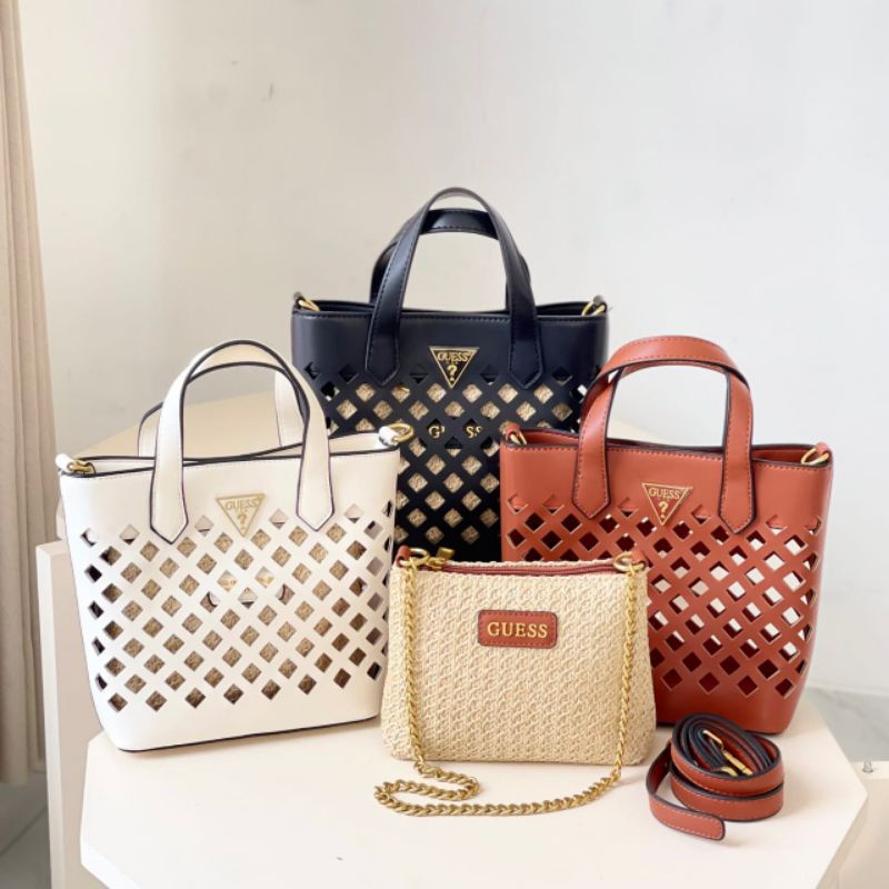 PROMO SALE Tas Guess tote bag 2in1 selempang hitam putih coklat nude