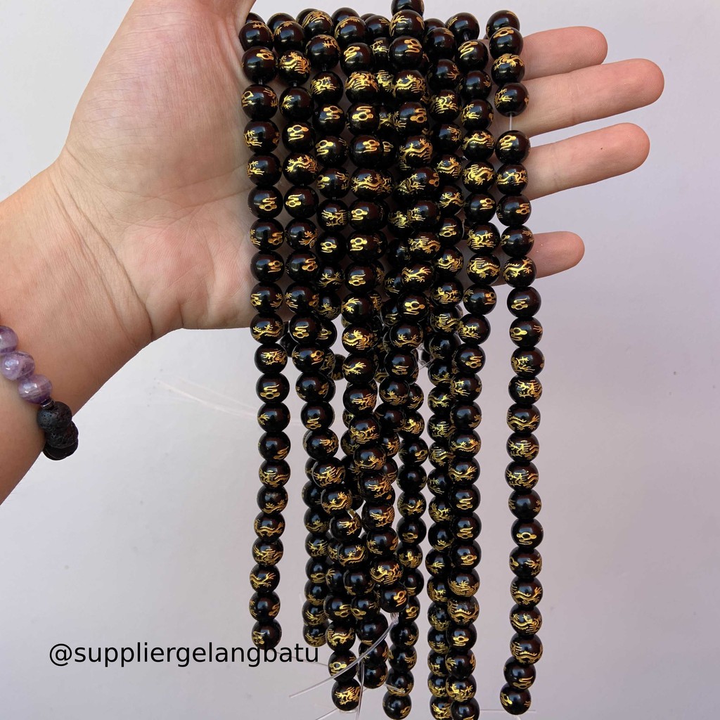 renceng batu hitam naga bead black gold 10mm kalung gelang dragon bead