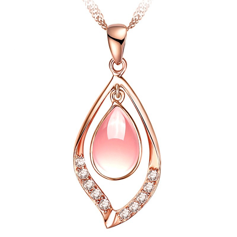 [Ready Stock]Fashion Silver Plated Elegant Necklace Korean Style Ross Quartz Pink Crystal REDLEAF Pendant