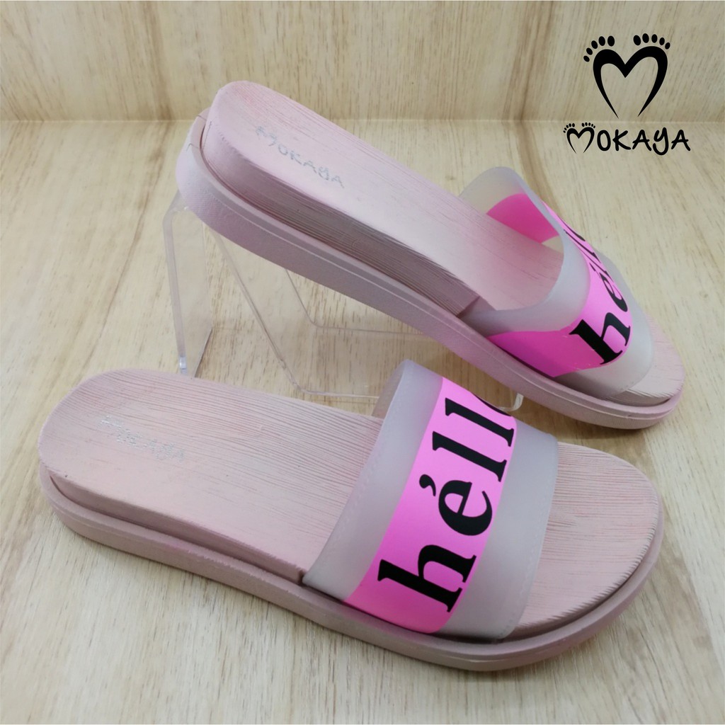 Sandal Slop Wanita Tulisan Hello Cantik Keren Lucu Import Mokaya / size 36-40 (1603-6)