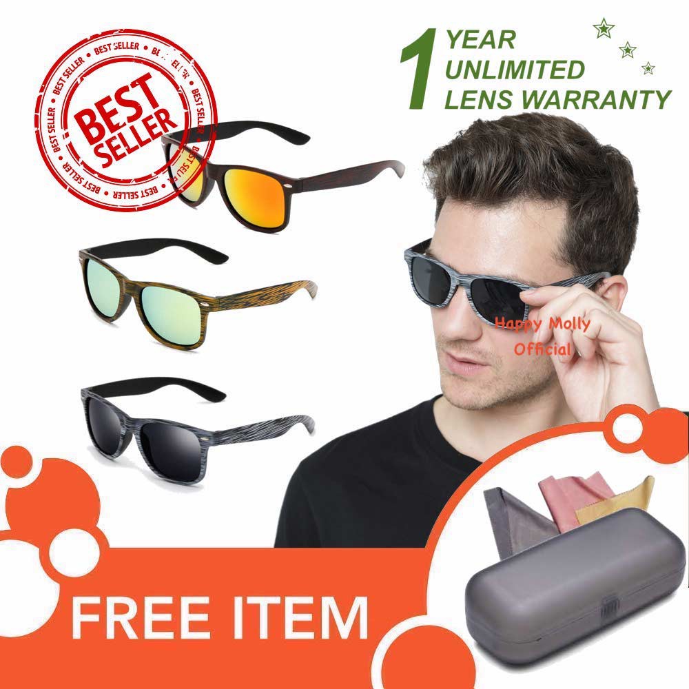 Anti UV 400 Sunglasses - Kacamata Pria &amp; Wanita - Motif Kayu - HM420 (Group) FREE Kotak Kacamata