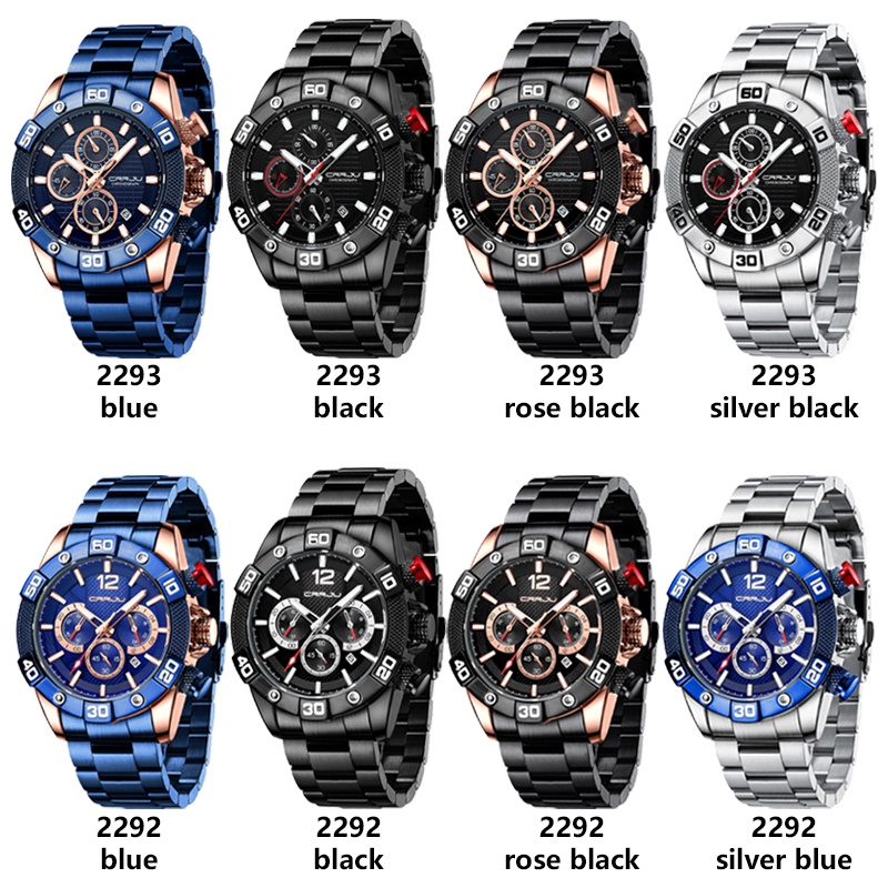 CRRJU Jam Tangan Pria Fashion Tahan Air Bercahaya Kuarsa Jam Tangan Stainless Steel Olahraga Chronograph Jam Multifungsi