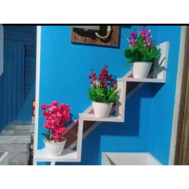 Rak Hiasan Dinding Kayu / Rak Bunga Tangga 3 Pot Vas / Rak Bunga Susun Warna