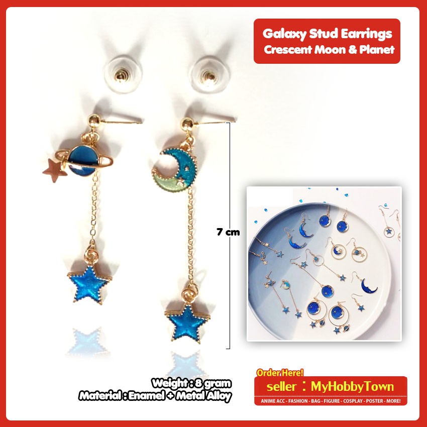 Anting Fashion Stud Earrings Galaxy Crescent Moon Bulan Sabit Planet