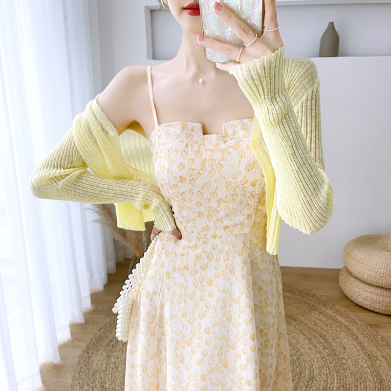 #Sisjuly# Wanita Perancis Temperamen Slim Chiffon Suspender Gaun Wanita Musim Panas Manis Temperamen
