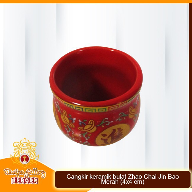 Cawan keramik bulat Zhao Chai Jin Bao merah (4x4 cm)