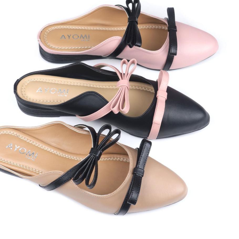 (Buruan Dapetin) AYOMI - Felecia KLO-20 Mules Sanda Flat Shoes Wanita Pita / Sepatu Wanita / Selop .