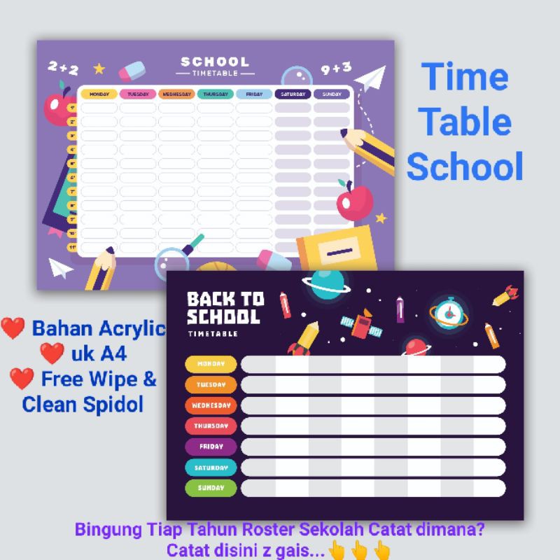 

CUSTOM SCHOOL TIME TABLE ACRYLIC (ROSTER SEKOLAH)