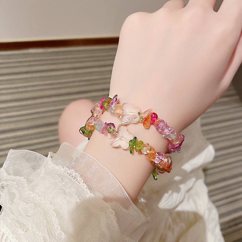 Gelang Manikmanik Batu Alami Warna Pelangi Bandul Kupukupubunga Kecil Elastis Untuk Wanita